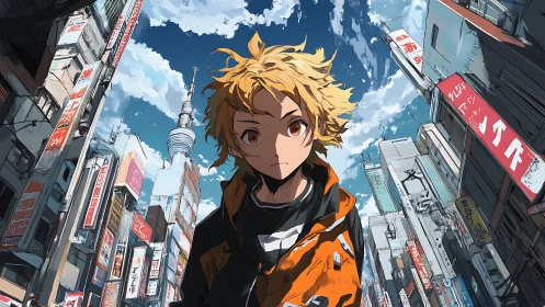 Urban anime youth under dynamic Tokyo skyline perspective.