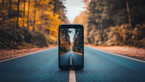 Smartphone displaying forest road scene on asphalt pavement