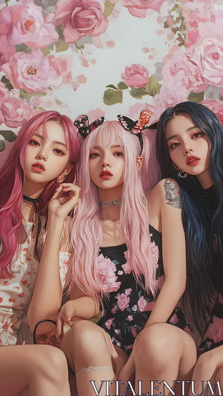 Dreamy pastel trio resting in a garden of painted roses.