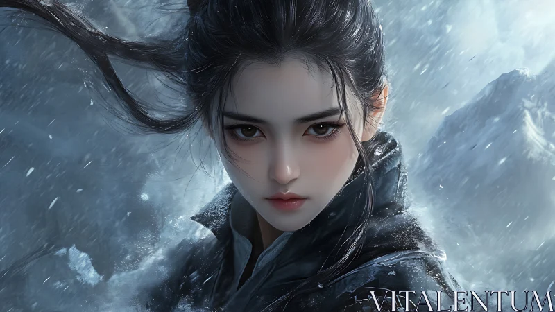 Snow-covered warrior woman portrait in icy mountain storm.