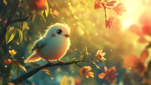 Cute fluffy bird on a branch in magical spring sunrise, digital art.