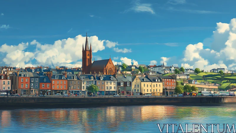 Waterfront townscape shows colorful houses and tall brick church