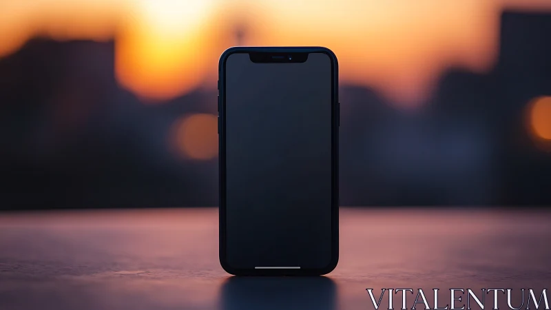 Dark smartphone glowing against golden sunset cityscape backdrop