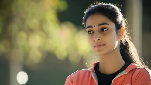 Warm morning portrait of a thoughtful young woman outdoors.