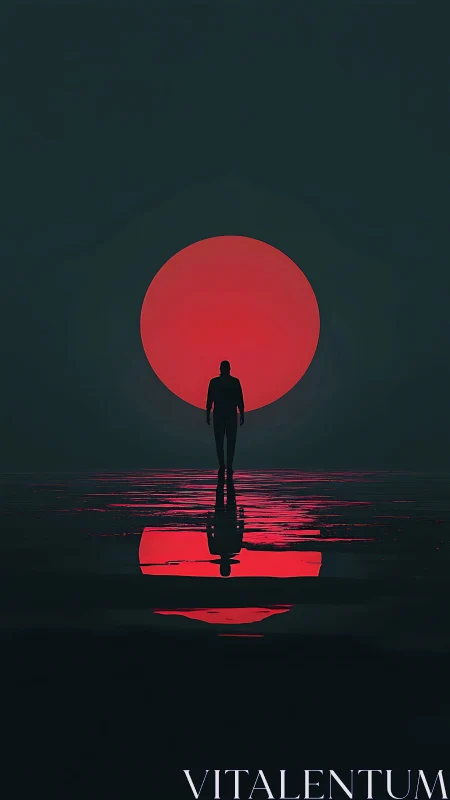Solitary wanderer crossing a midnight sea of molten red.