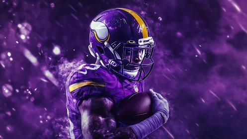 American football player in purple uniform holding ball.