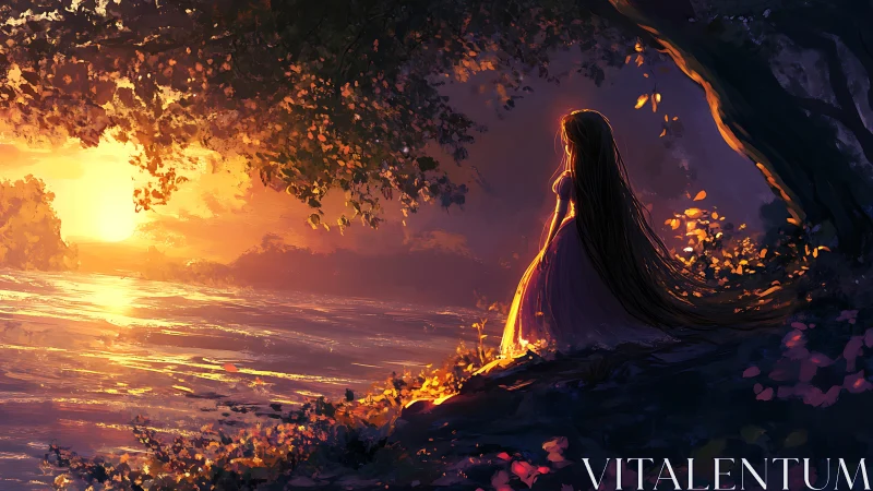 Solitary figure observing sunset across illuminated river.