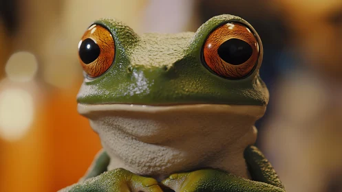 Close-up frontal view of green frog with large orange eyes.