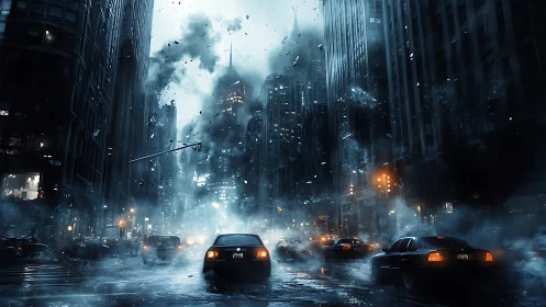 Storm-torn cyberpunk city street under violent blue haze.