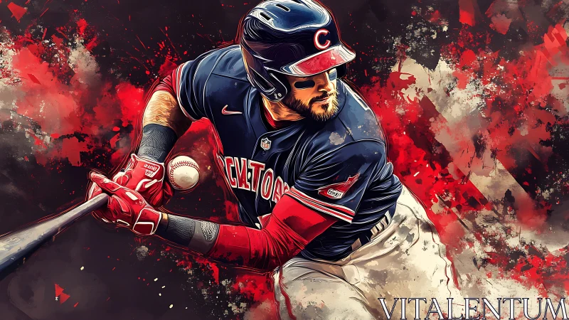 Baseball batter swings at pitched ball in stylized artwork