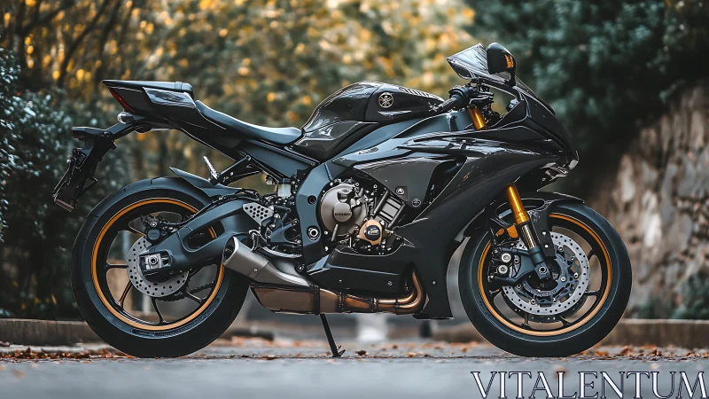 Photorealistic sport motorcycle profile with bokeh street backdrop.