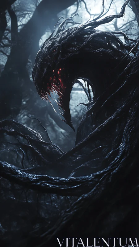 Nocturnal void-creature coils amid bioluminescent forest mist