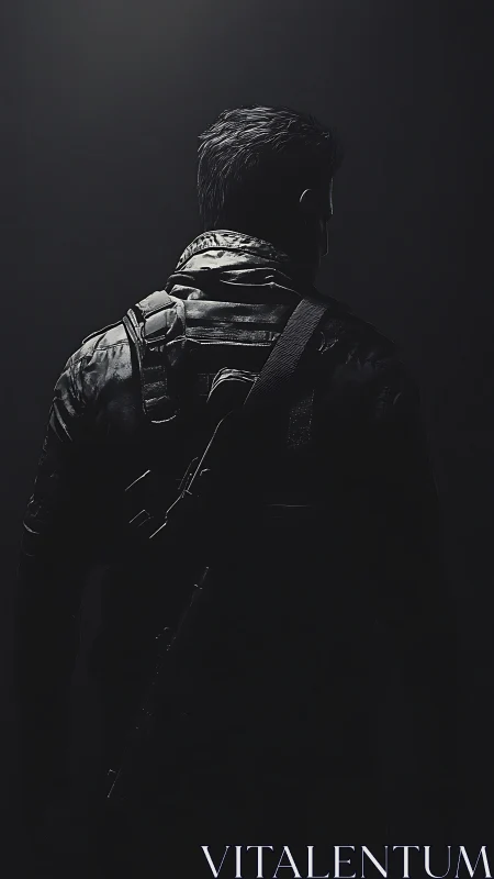 Armed soldier in dark tactical gear seen from behind.