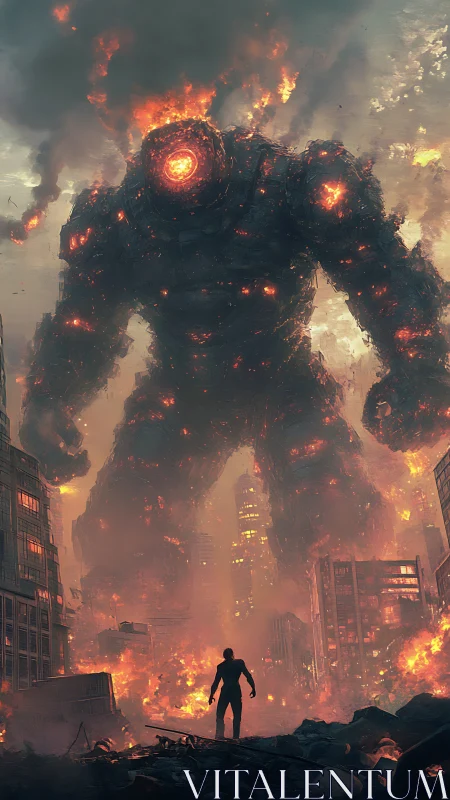 Colossal molten golem towers over burning dystopian cityscape.