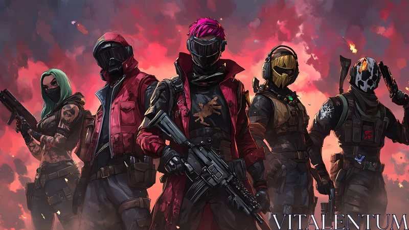 Bold masked squad stands united against a blazing sky