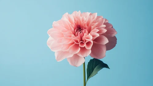 Pink dahlia with layered petals against turquoise background.