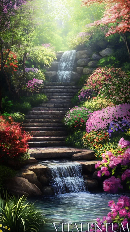 Terraced garden waterfall with stone steps and blossoms.