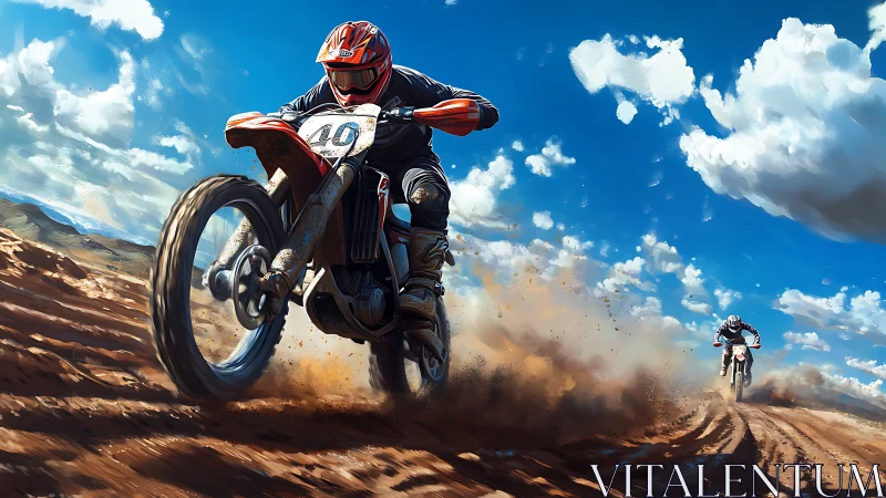 Motocross racer carves dusty track under vivid blue sky.