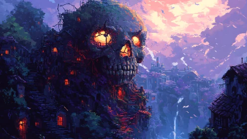 Skull mountain village glowing at sunset in pixel fantasy.