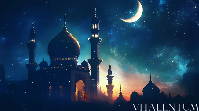 Night skyline with domed mosque and crescent moon above.