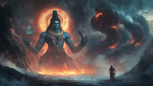 Mythic blue deity rises from volcanic storm haloed in fire.