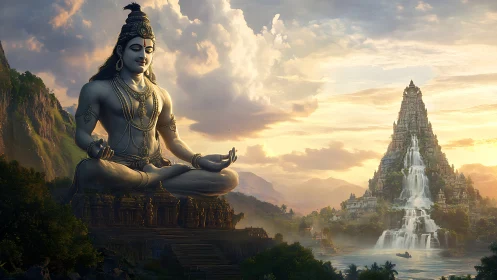 Mountain temple listens while meditating giant watches waterfalls