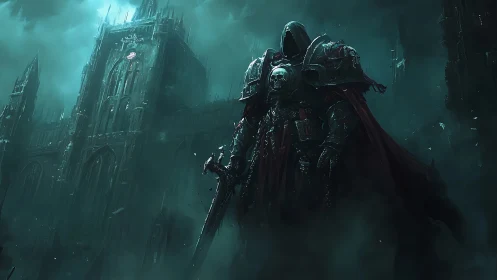 Hooded warlord dominates Gothic fortress in cyan mist.