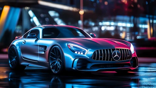 Silver sports coupe under neon urban night lighting.