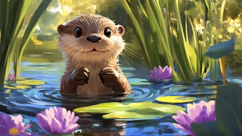 Otterling pauses mid-paddle, crowned by twilight waterlilies