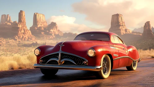 Sunny desert drive with a gleaming vintage red coupe.