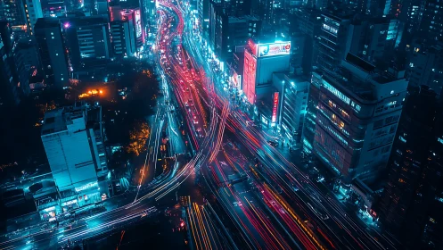 Urban night traffic corridors with neon-lit high-rise structures.