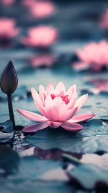 Soft-focus lotus macro in cool-toned aquatic bokeh field.