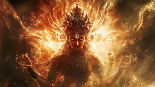 Fiery divine figure with ornate crown in radiant light field.