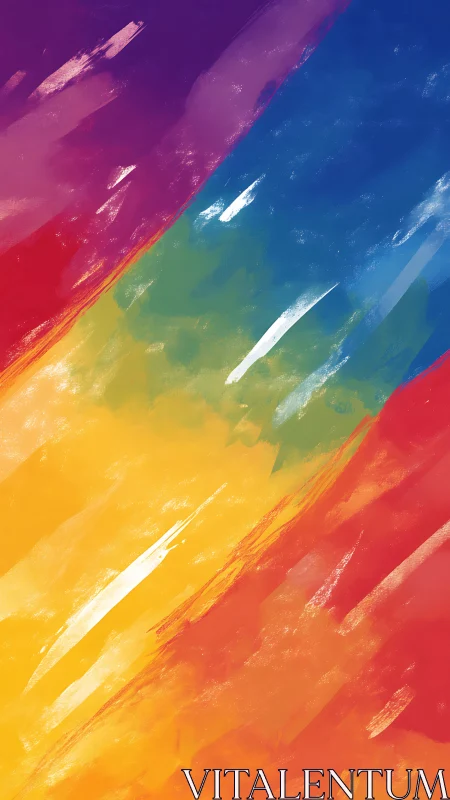 Radiant diagonal rainbow strokes energize a vivid canvas