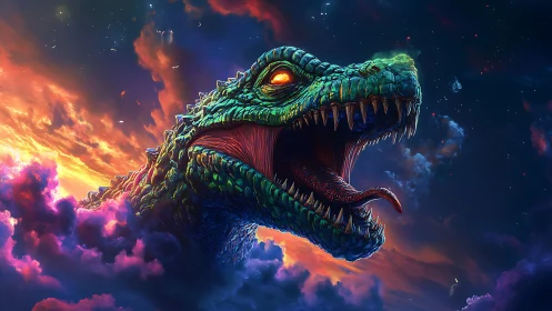 Cosmic dragon head roars above vivid neon storm clouds.