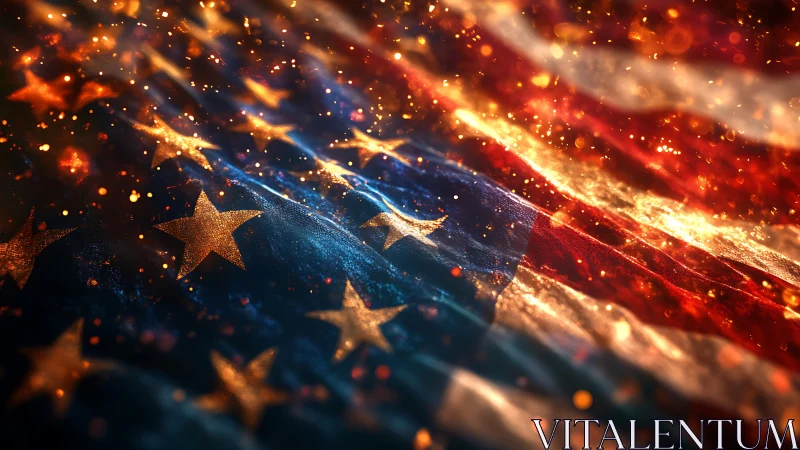 Dynamic US flag close-up with bokeh sparks and fabric microtexture