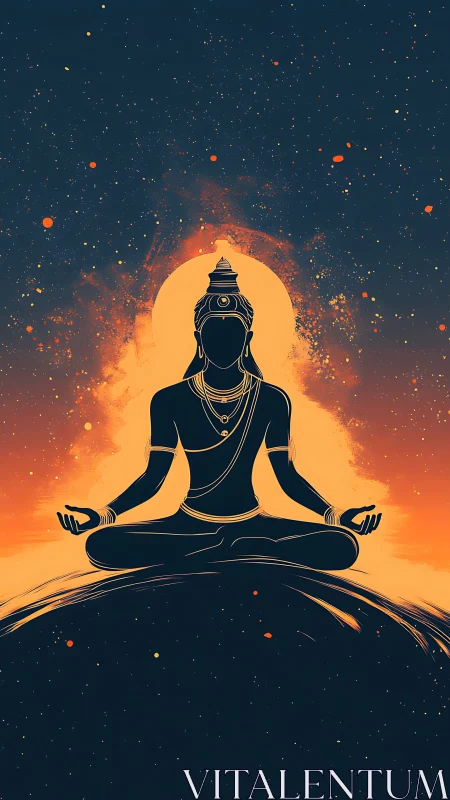 Radiant meditating figure glows calmly against a starry sky