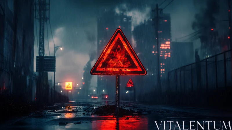 Glowing red warning sign cuts through a rainy city night
