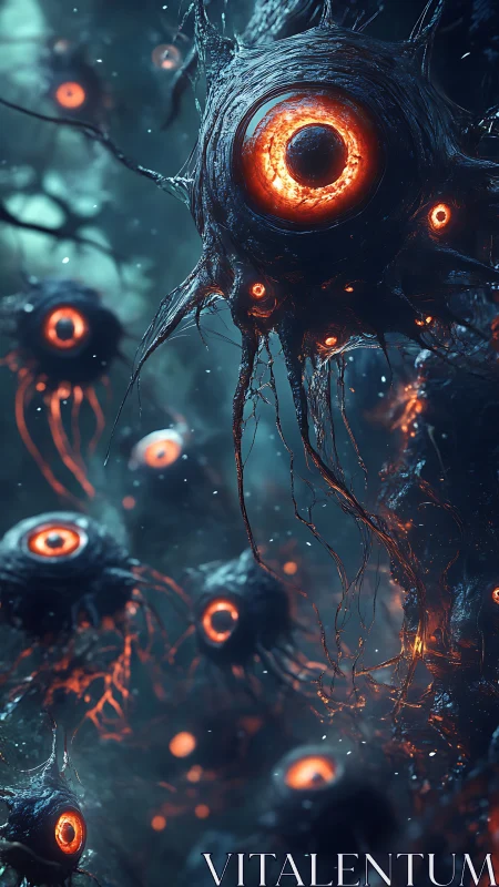 Glowing alien eye creatures drift in dark ethereal space.