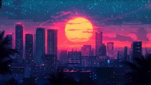 Neon dusk megacity skyline with vaporwave sun composition.