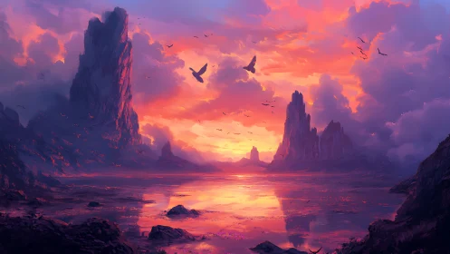 Crimson clouds ignite towering cliffs above mirrored bay.