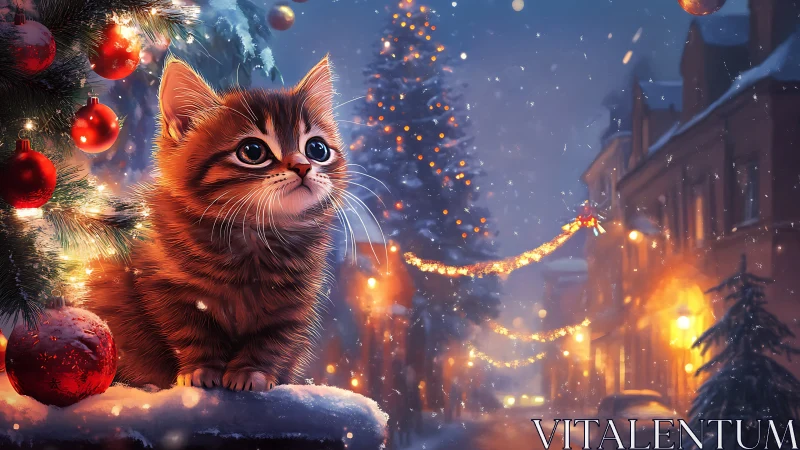 Tabby kitten beside illuminated Christmas tree in snowy street