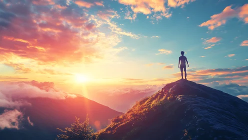 Silhouette stands on mountain ridge facing bright sunset sky