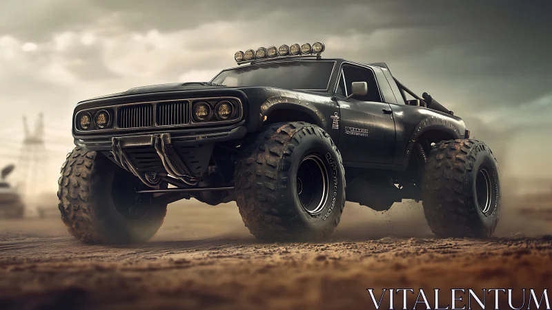 Lifted off-road pickup exhibits oversized mud tires and rugged armor