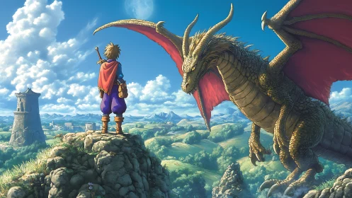 Young skyward hero and crimson-winged dragon at dawn.