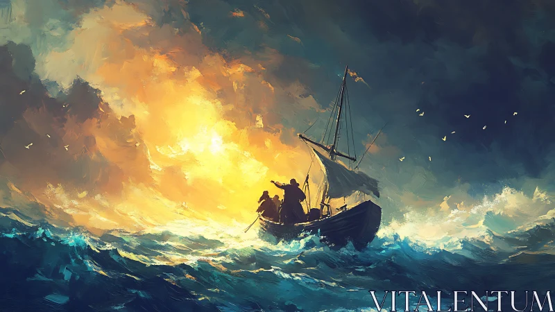 Storm-tossed sailors carve a bright corridor through dusk seas