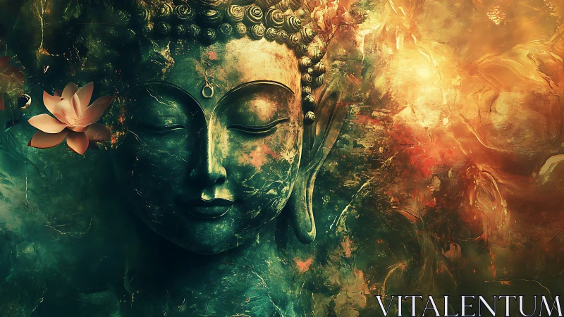Serene Buddha portrait amid glowing abstract lotus light