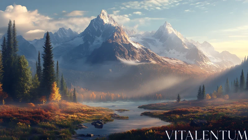 Snow-covered mountain range rises above river valley at dawn