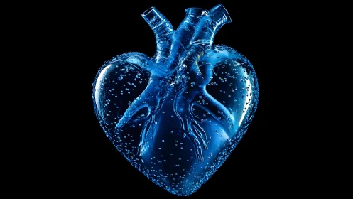 Anatomical glass heart filled with blue liquid and bubbles, surreal style.