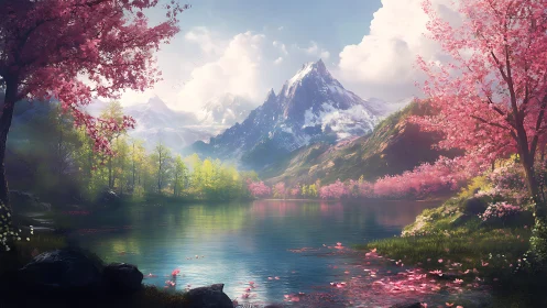 Mountain lake with snow peaks and flowering trees in spring.